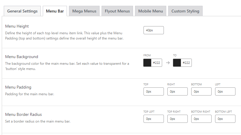 The Menu Bar settings for Menu Themes in the Max Mega Menu interface
