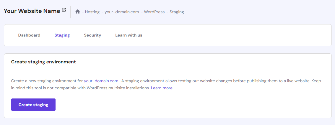 The WordPress Staging Tool feature in hPanel
