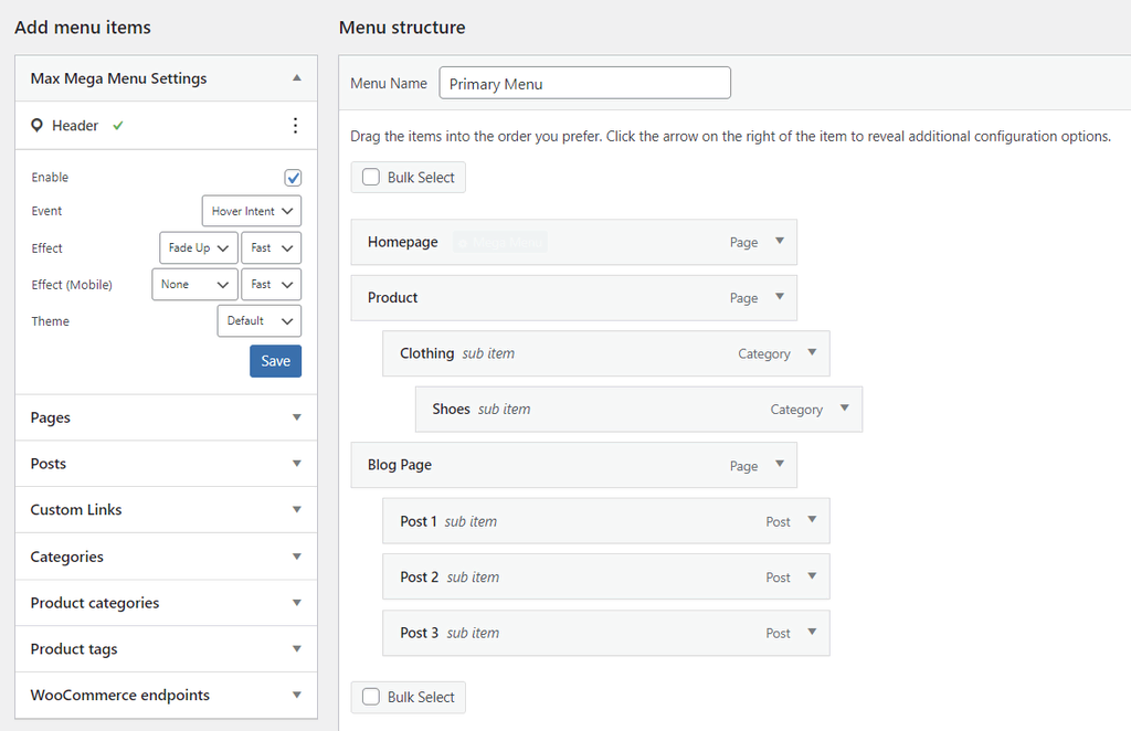 The Menus section in the WordPress dashboard
