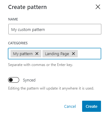 The interface for creating a pattern that has the categories field where users can enter custom categories