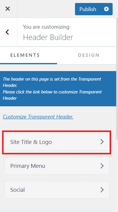 The Site Title & Logo menu is highlighted on the Astra theme header builder's configuration panel.
