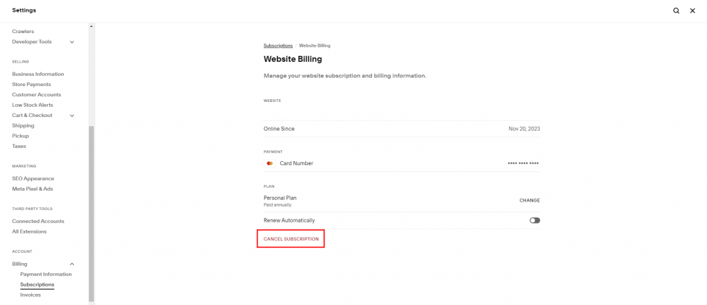 Squarespace Billing page highlighting the Cancel Subscription button