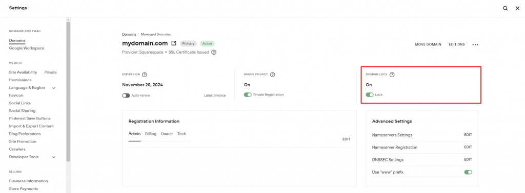 Squarespace Domains panel highlighting the Domain Lock toggle