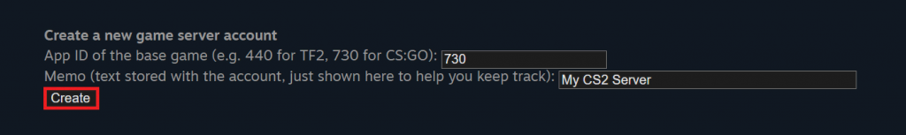 The Create button to generate a new game token on Steam's Account Management page
