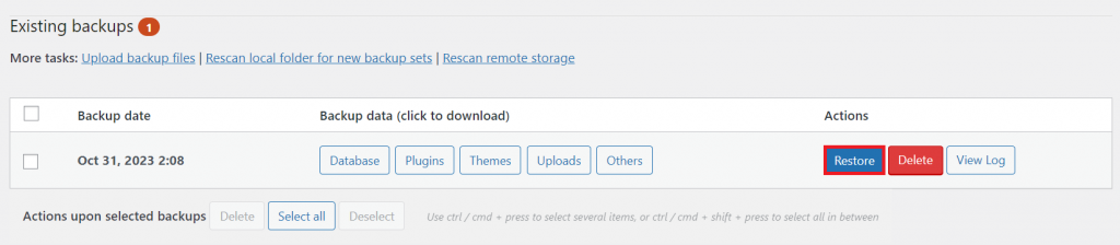 The Restore button in the Existing backups section of UpdraftPlus