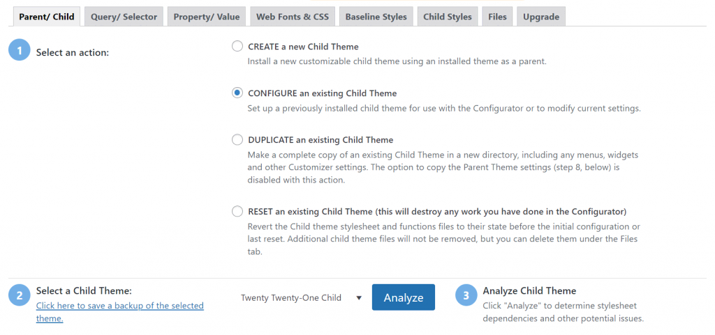 The Child Theme Configuration plugin dashboard page