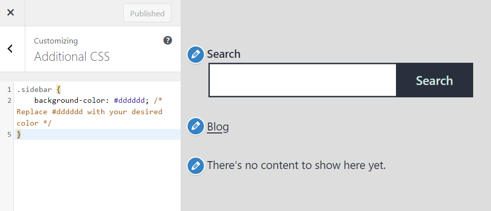 Customizing the site's sidebar background color with custom CSS in the WordPress Theme Customizer