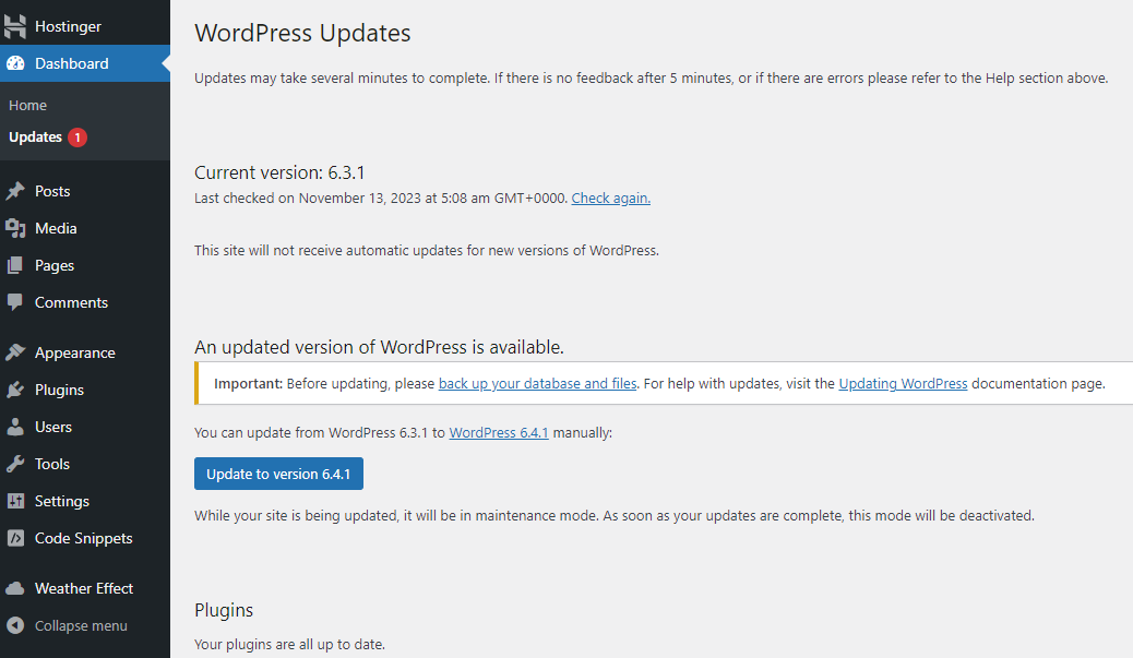 WordPress updates panel on the dashboard