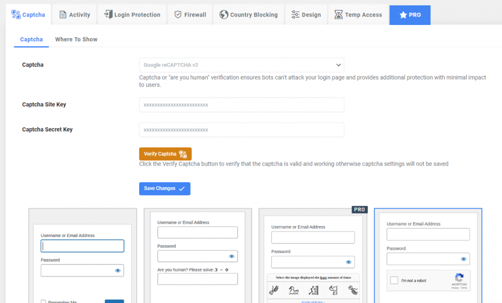 Advanced Google reCAPTCHA plugin's CAPTCHA configuration page