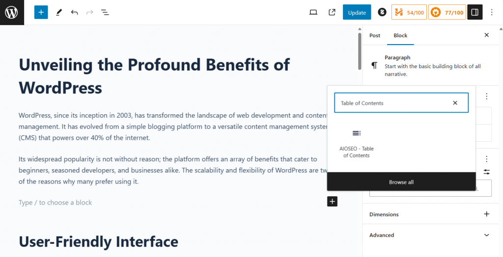 Inserting the AIOSEO table of contents block into a post using the WordPress block editor.