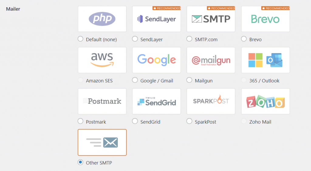 Mailer selection in WP Mail SMTP plugin