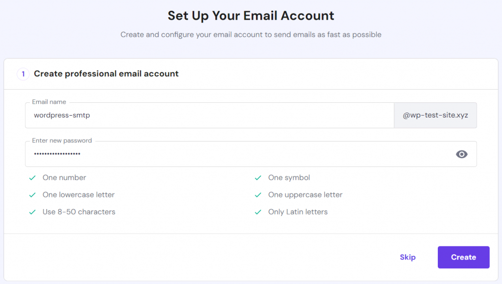 The email account setup menu in hPanel