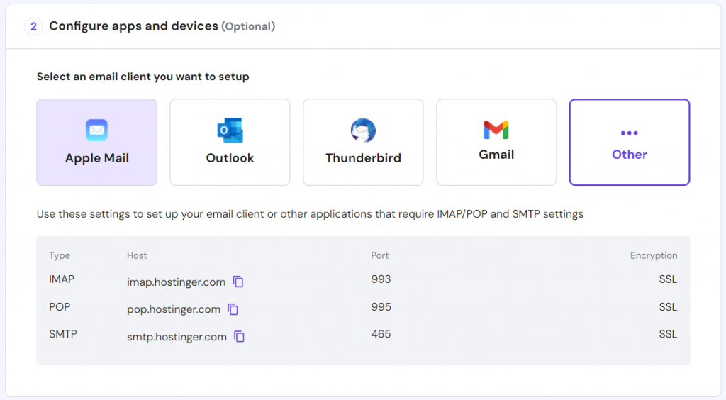 The email apps and devices configuration menu in hPanel