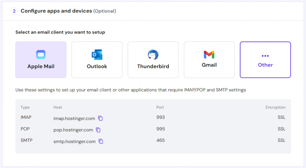 The email apps and devices configuration menu in hPanel