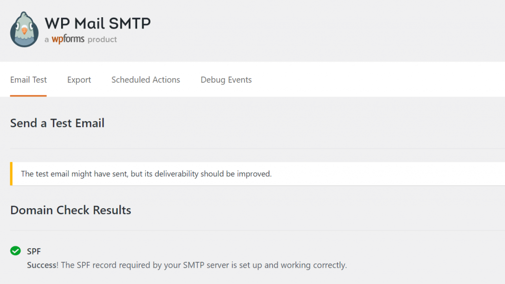 WP Mail SMTP confirms the test email was successful