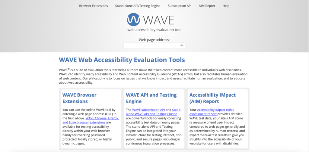 Homepage of website accessibility test tool, WAVE