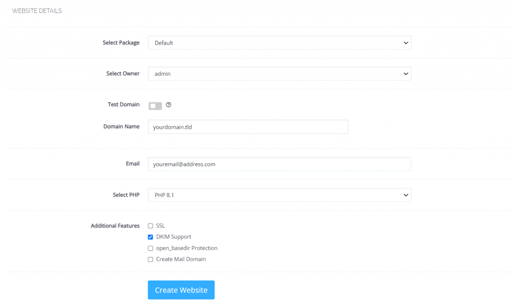 Website container creation settings in CyberPanel