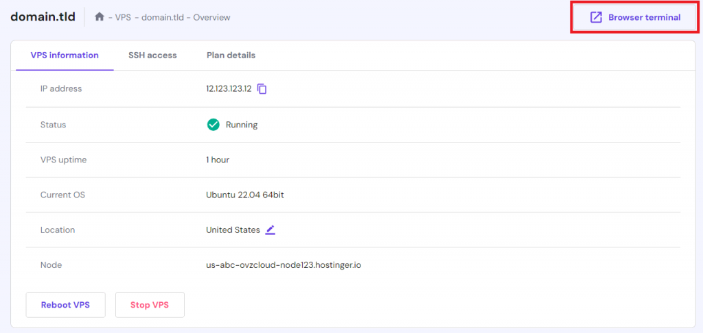 The Browser terminal button in hPanel's VPS overview menu