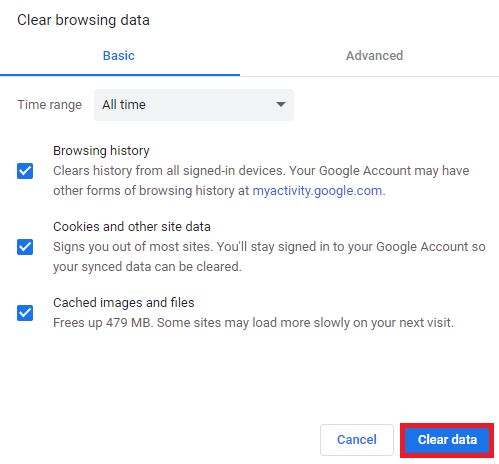 Google Chrome's Clear browsing data highlights the Clear data button