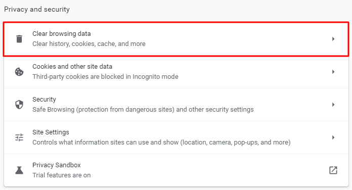 Google Chrome's Privacy and security highlights Clear browsing data