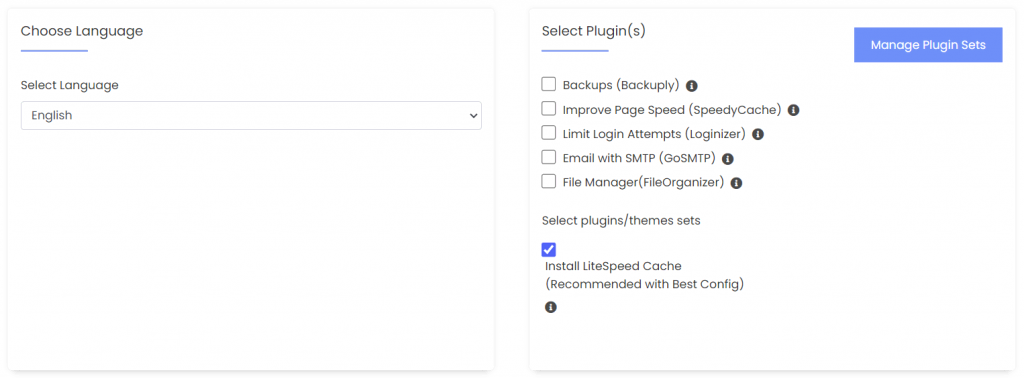 Language and plugin sections in Softaculous' WordPress installation flow