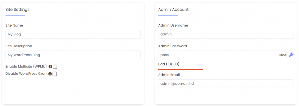 Site Settings and Admin Account sections in Softaculous' WordPress installation flow