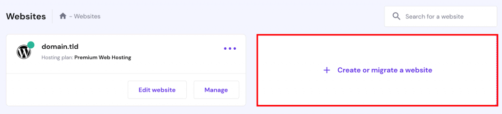 hPanel Website menu with create or migrate a website button highlighted