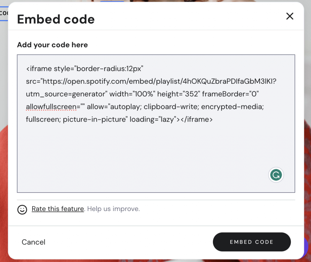 Embed code editor with a code snippet