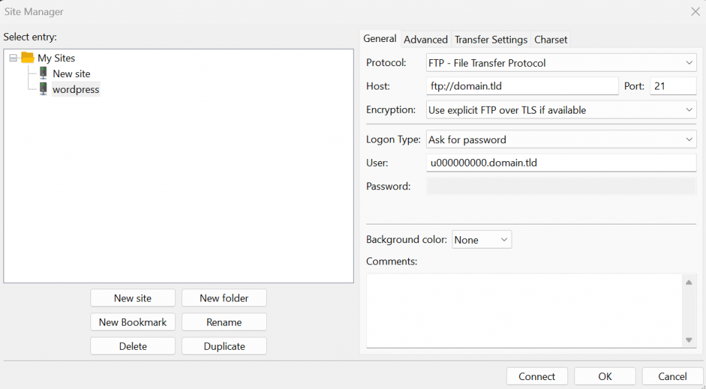 Adding Hostinger's FTP details to FileZilla's Site Manager