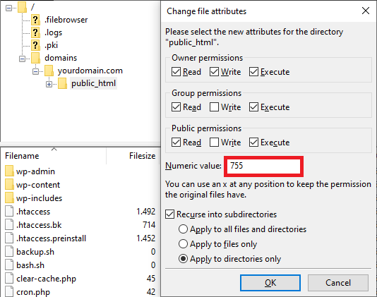FileZilla FTP highlights the numeric value field in the Change file attributes popup, giving the directory file permissions 755