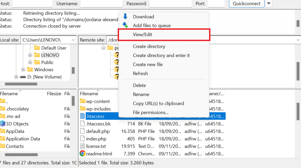 Editing the .htaccess file in FileZilla