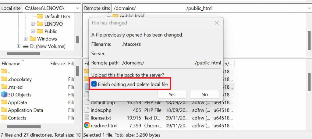 Saving changes after modifying the .htaccess file, with the option to delete local file highlighted