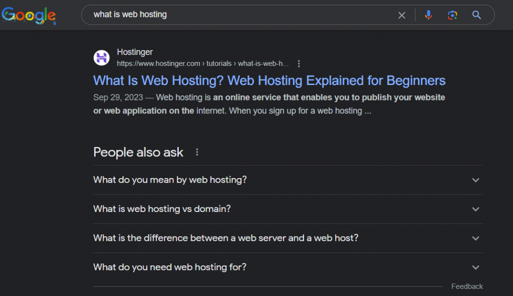 When we google "what is web hosting", we get Hostinger's article explaining what is web hosting for beginners