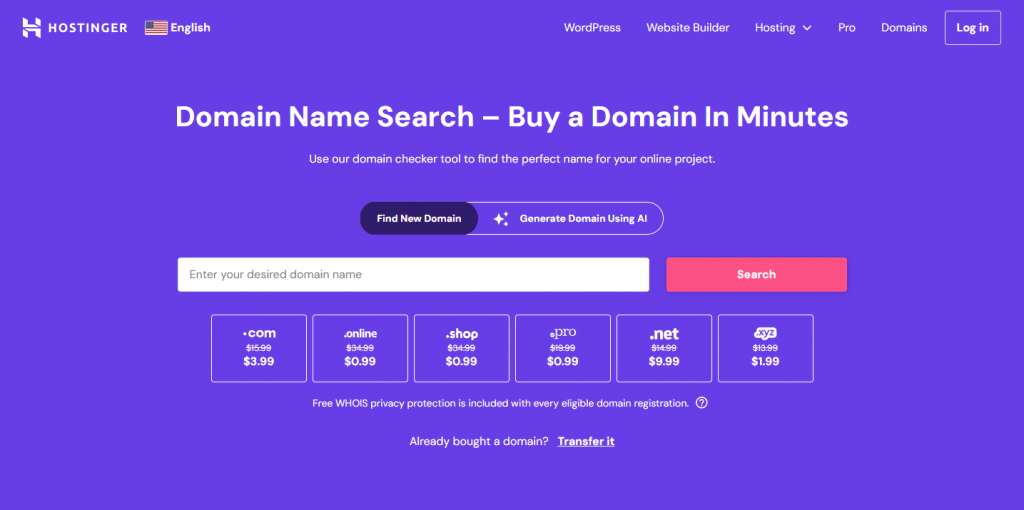 Hostinger's Domain Name Search homepage