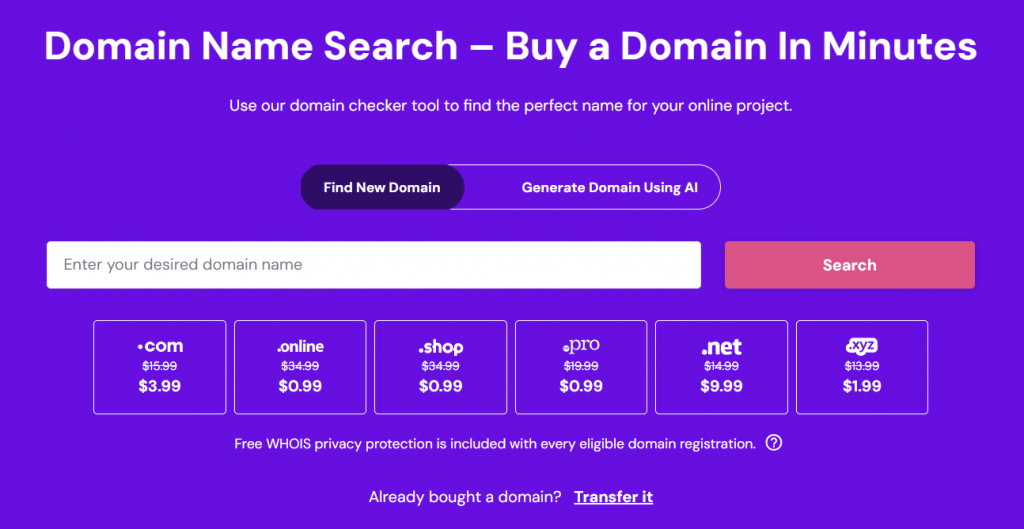 Hostinger Domain Name Search landing page