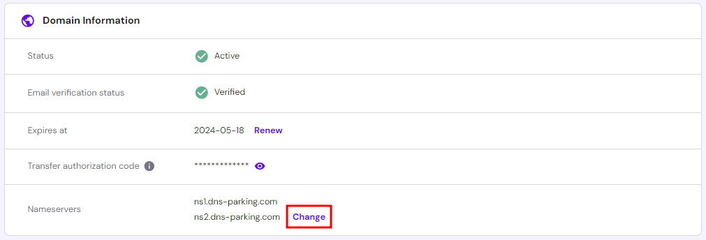 The Domain Information section in Hostinger Domains highlights the Change button next to Nameservers