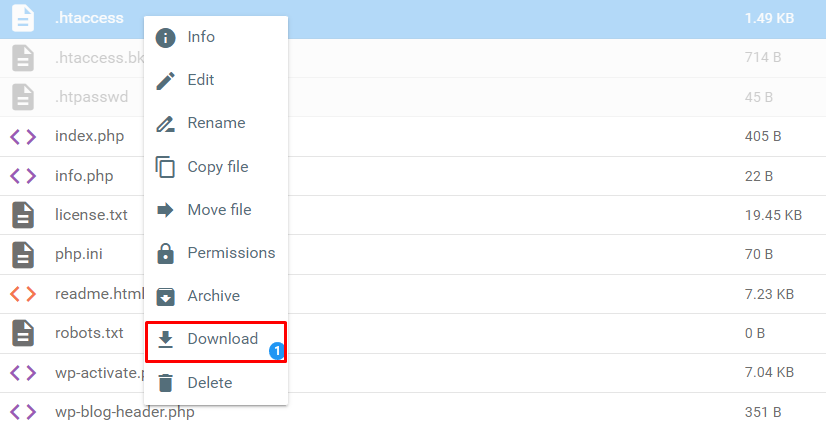 Hostinger File Manager highlights the Download button over .htaccess file