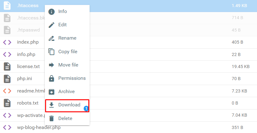 Hostinger File Manager highlights the Download button over .htaccess file