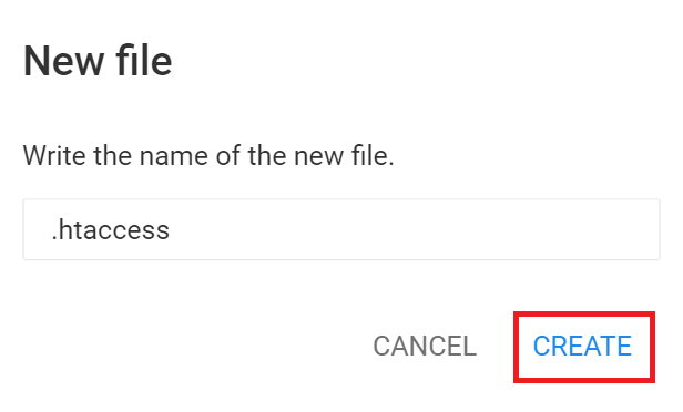 Hostinger File Manager's New file popup highlights the Create button