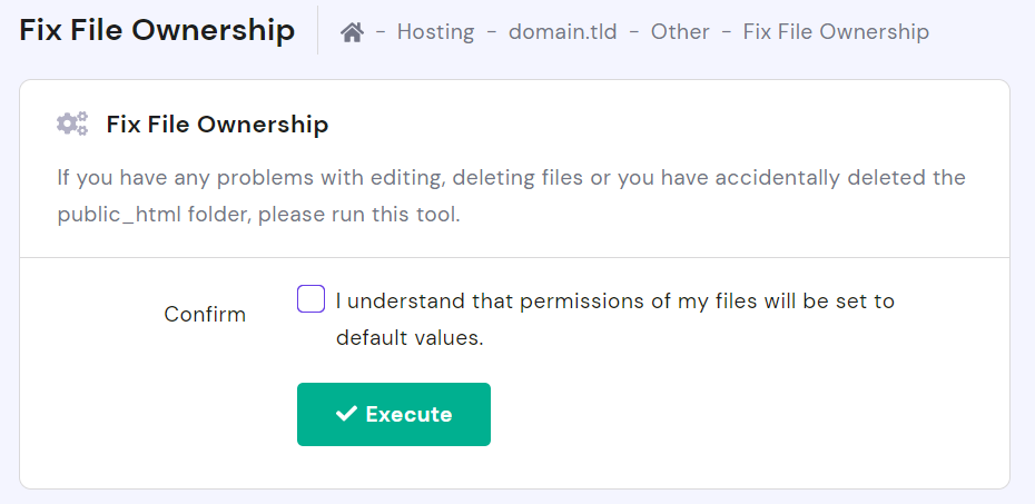 The confirmation popup of Hostinger Fix File Ownership