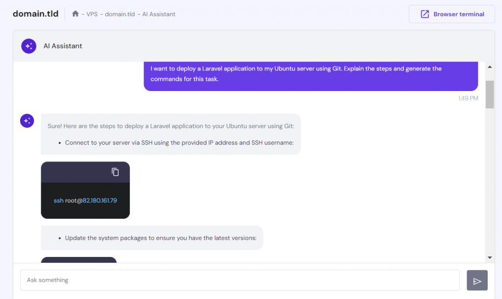 Hostinger VPS AI Assistant explains steps and commands for deploying Laravel