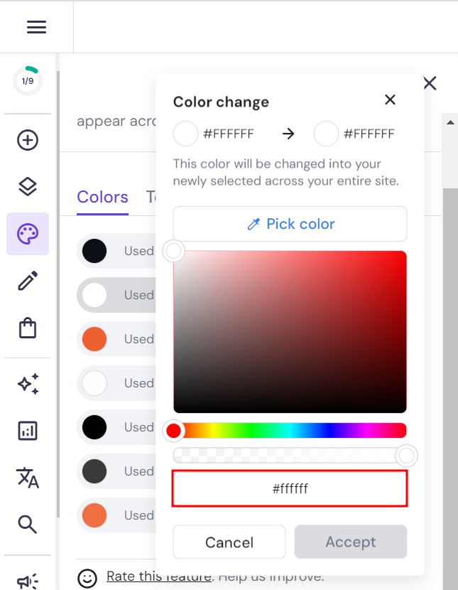 Hostinger Website Builder color value change box
