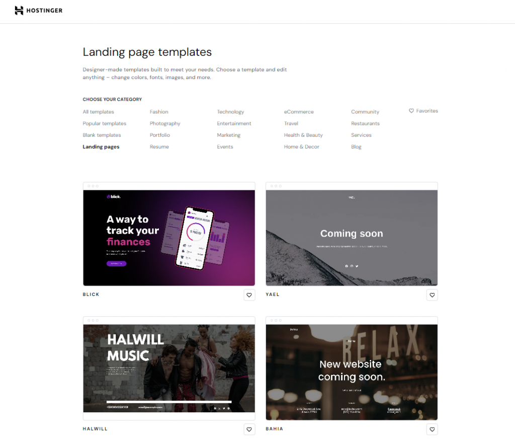 Landing page template options in Hostinger Website Builder