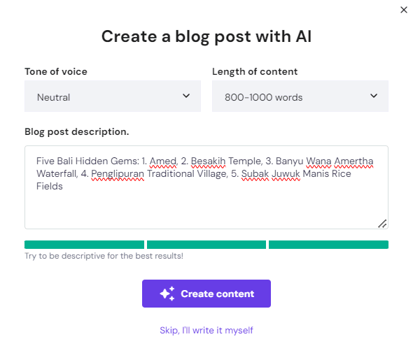 Hostinger Website Builder's Create a blog post with AI pop-up window
