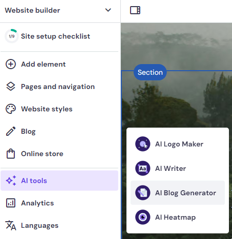 Hostinger Website Builder's AI Tools menu with AI Blog Generator highlighted