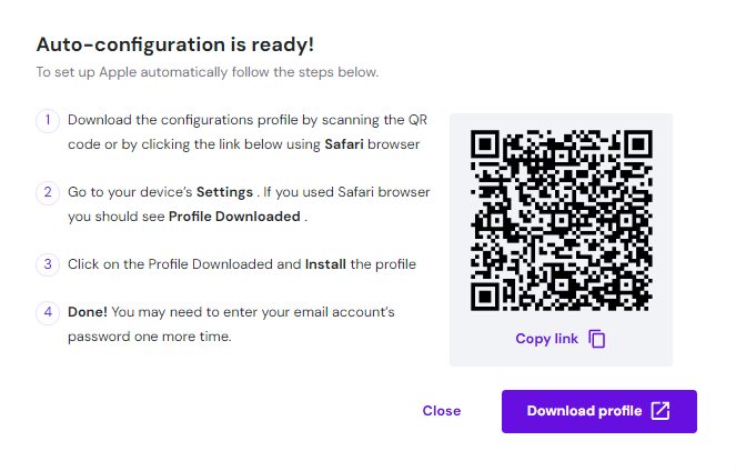 Auto-configuration popup showing a QR code and a download button to save the email profile