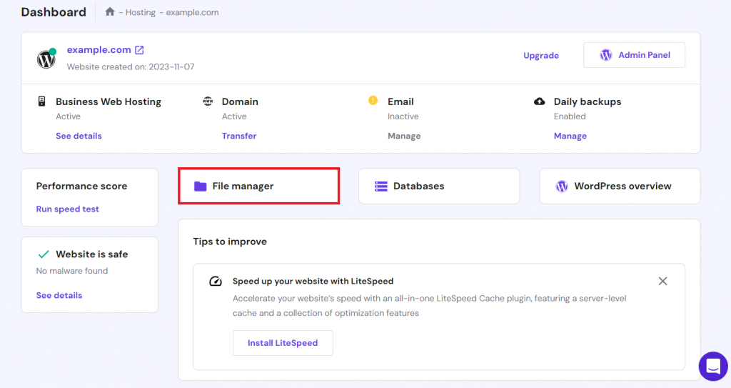 Accessing File Manager in the hPanel's dashboard