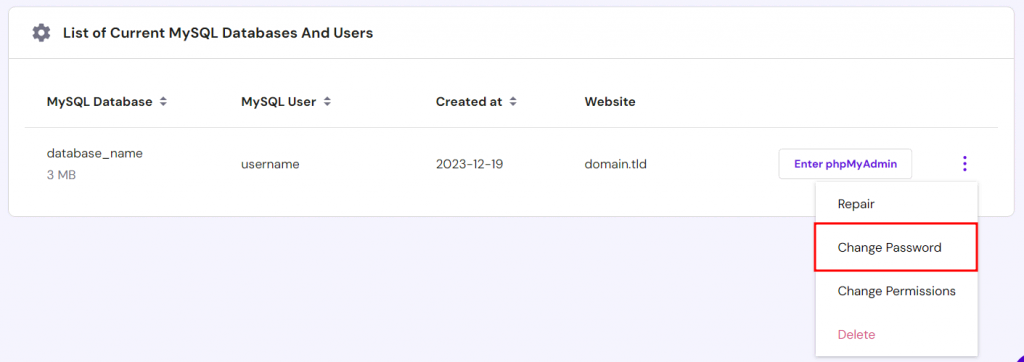 The list of MySQL databases and users in hPanel, highlighting the option to change a database's password