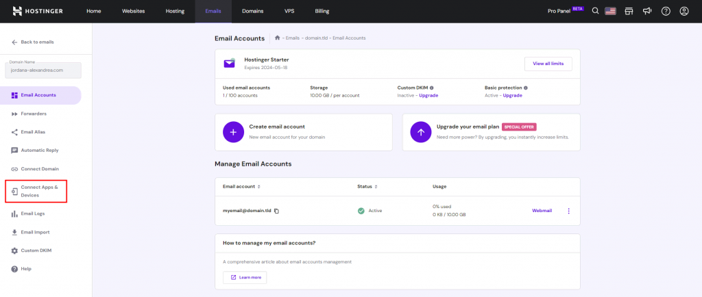 Email Accounts dashboard in Hostinger hPanel with the Connect Apps & Devices menu highlighted