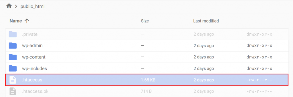 Hostinger File Manager highlighting the .htaccess file in the public_html folder